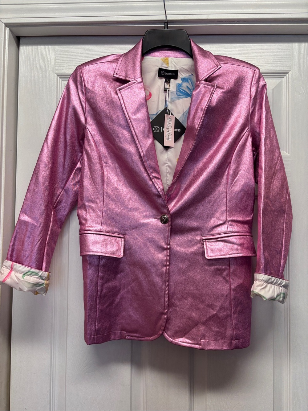Merigold KissBoutique Shiny Pink Metallic Blazer Jacket Bow Lining Small New